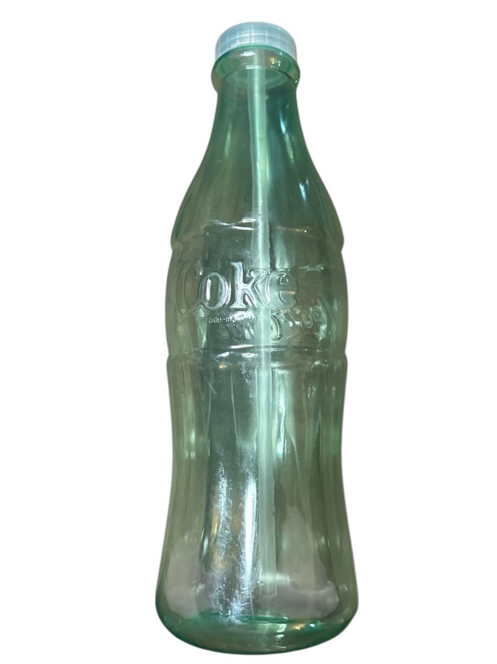 Coca Cola Light Green Embossed 42 oz Plastic Bottle w Screw Cap and Straw